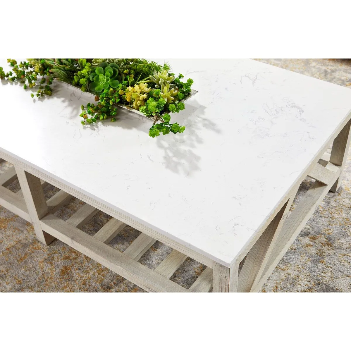 Essentials For Living Spruce Coffee Table ~ White Wash Pine, White Quartz