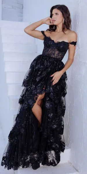Eureka EK102 Floor Length Lace Ruffled Tier Skirt Boned Bodice Dress