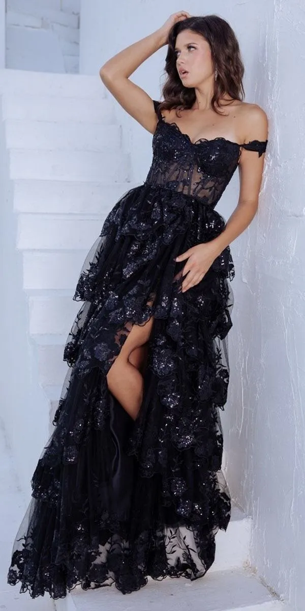 Eureka EK102 Floor Length Lace Ruffled Tier Skirt Boned Bodice Dress