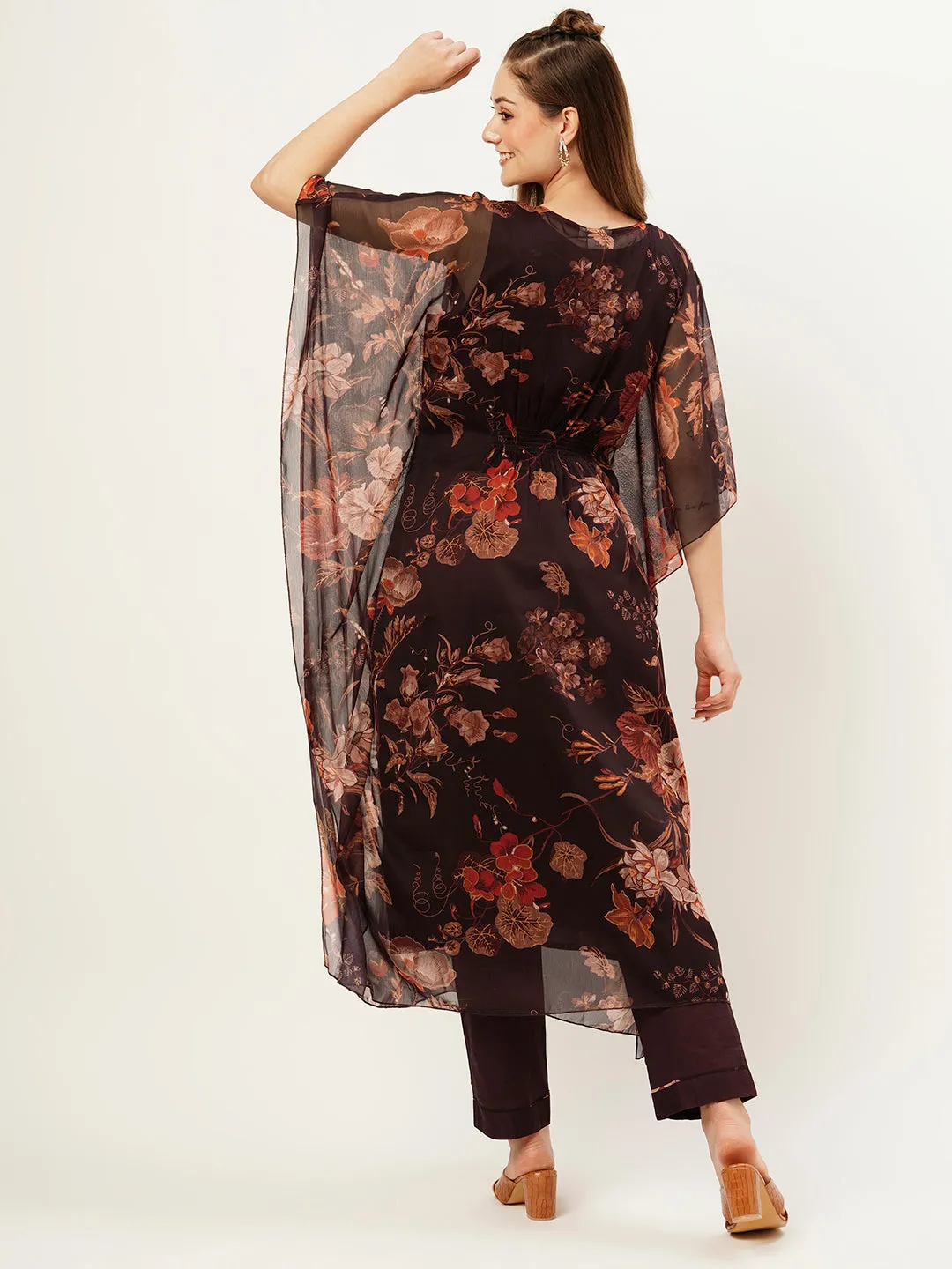 Exclusive V Neck Chiffon All Over Floral Print Purple Loose Kaftan Set For Women - ZOLA