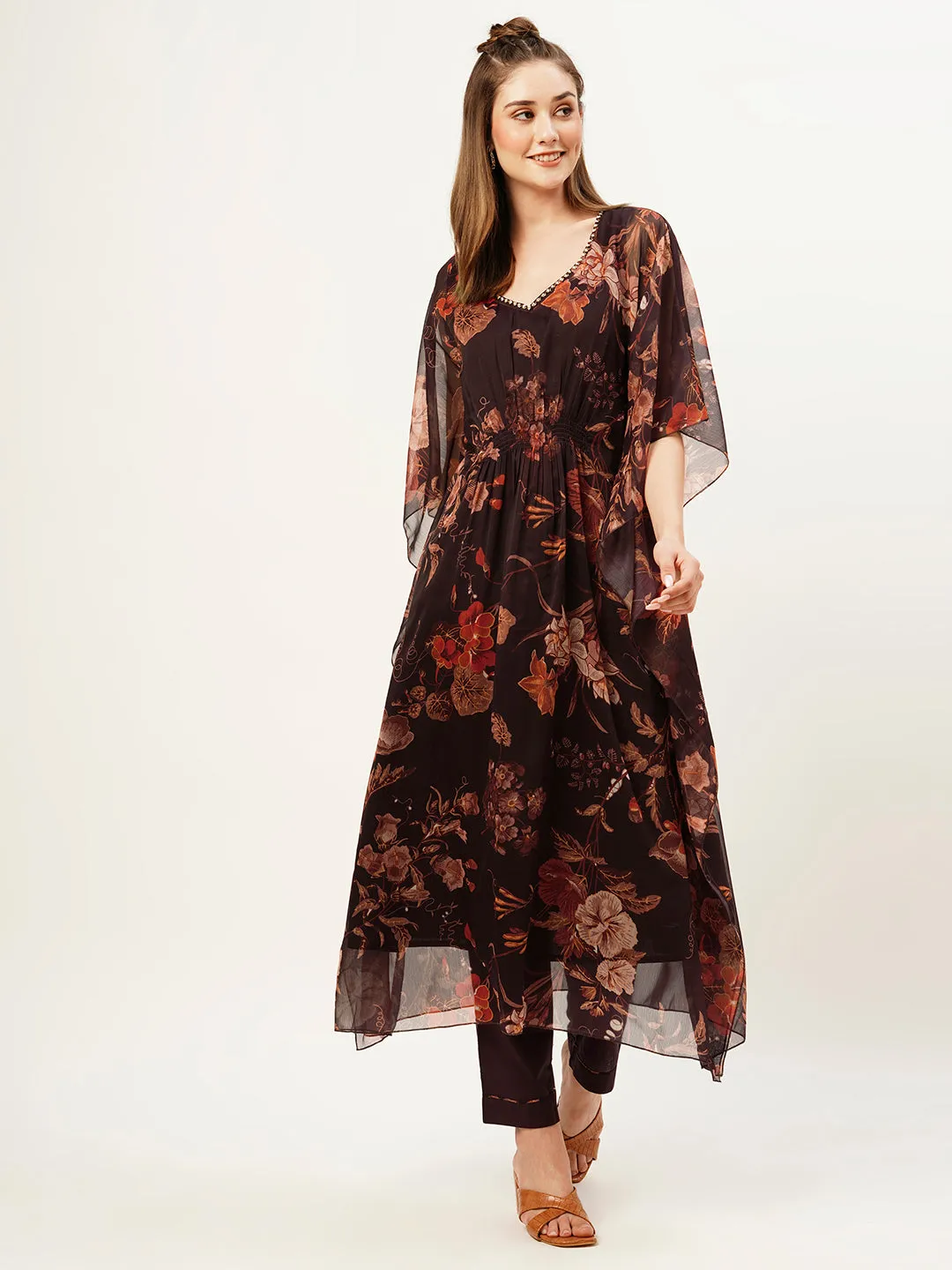 Exclusive V Neck Chiffon All Over Floral Print Purple Loose Kaftan Set For Women - ZOLA