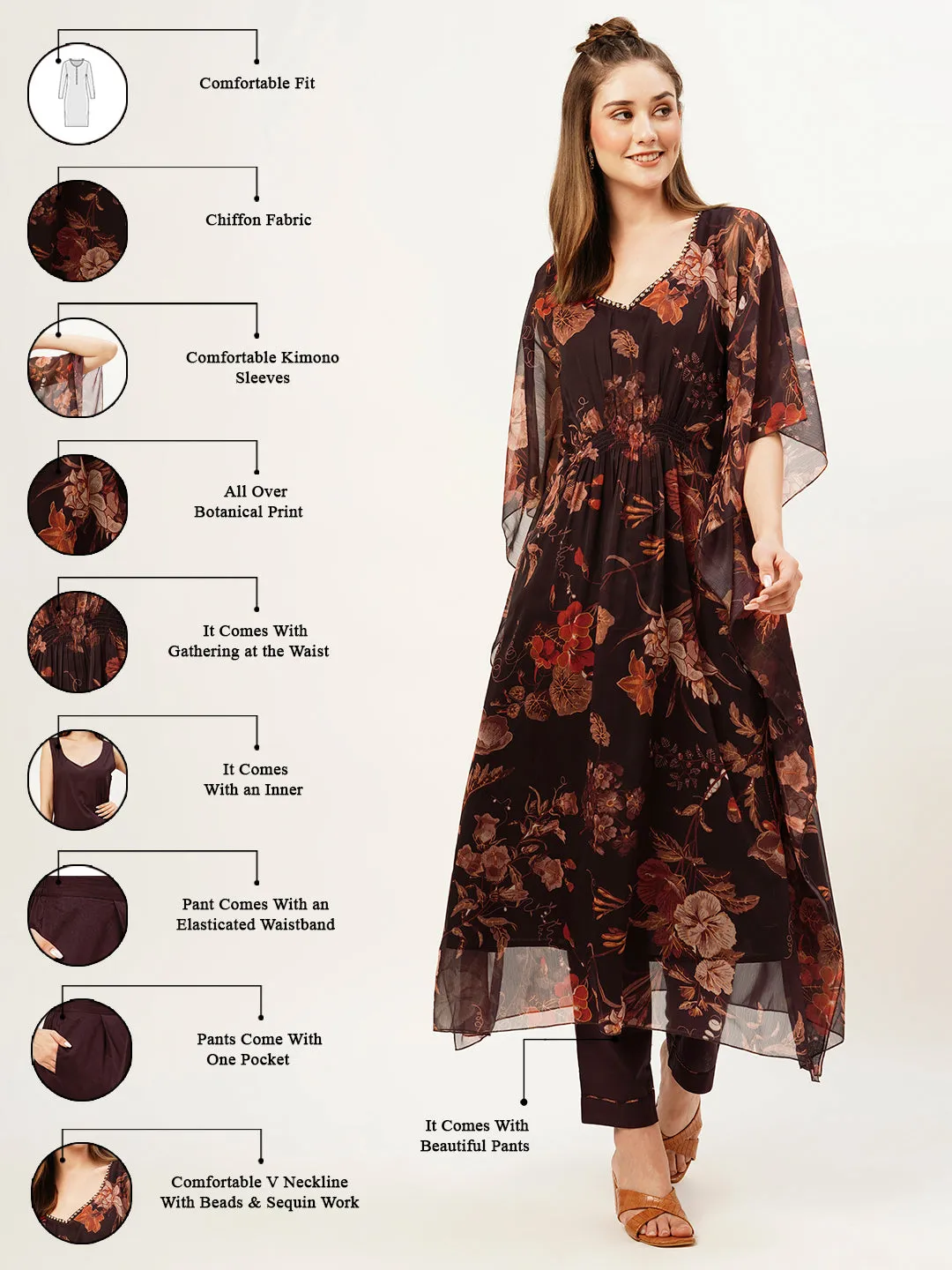 Exclusive V Neck Chiffon All Over Floral Print Purple Loose Kaftan Set For Women - ZOLA