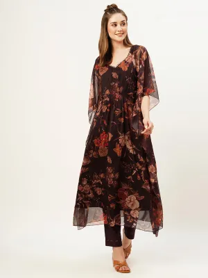 Exclusive V Neck Chiffon All Over Floral Print Purple Loose Kaftan Set For Women - ZOLA