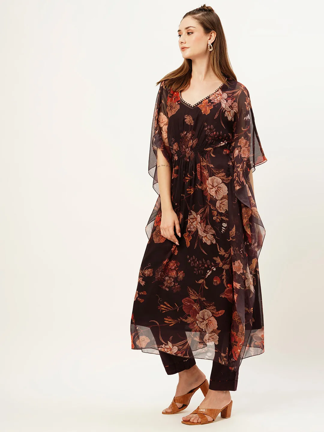 Exclusive V Neck Chiffon All Over Floral Print Purple Loose Kaftan Set For Women - ZOLA