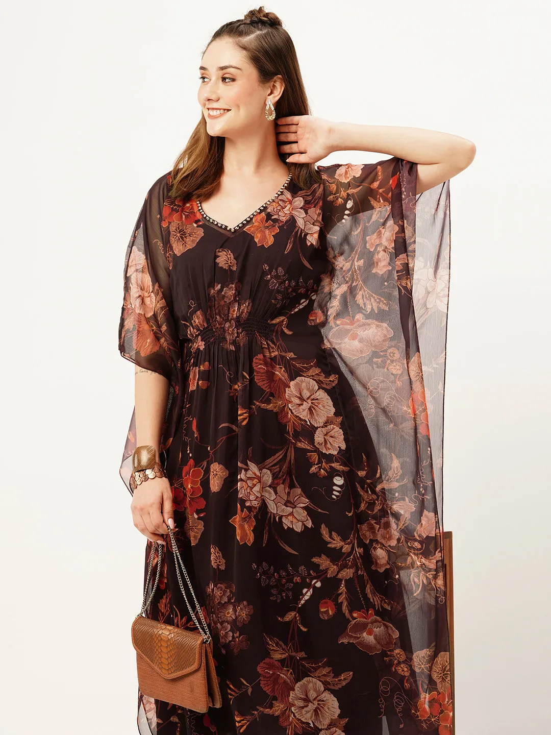 Exclusive V Neck Chiffon All Over Floral Print Purple Loose Kaftan Set For Women - ZOLA