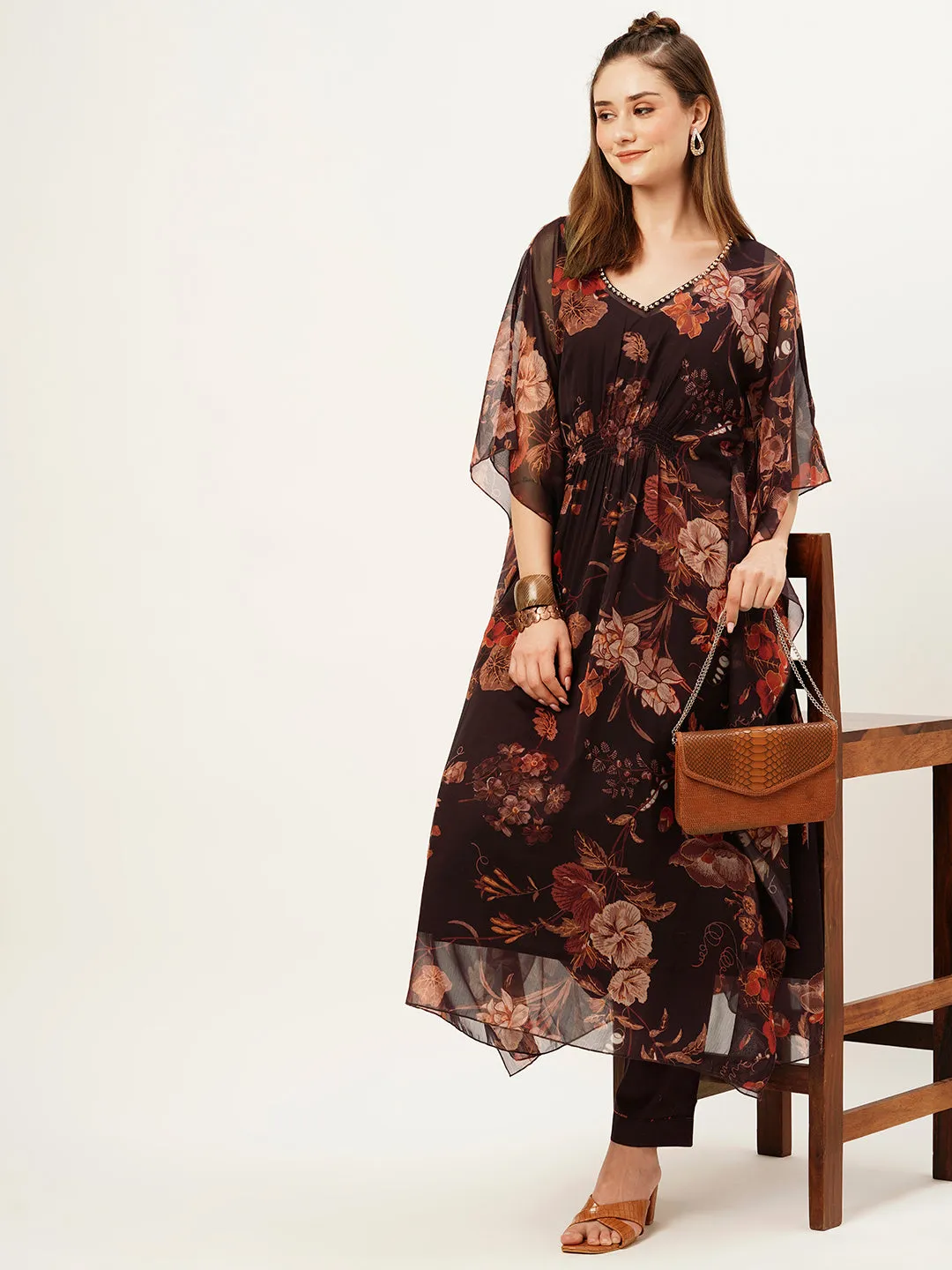 Exclusive V Neck Chiffon All Over Floral Print Purple Loose Kaftan Set For Women - ZOLA