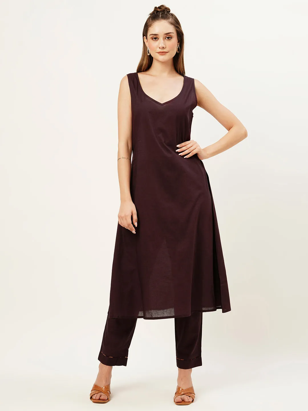 Exclusive V Neck Chiffon All Over Floral Print Purple Loose Kaftan Set For Women - ZOLA
