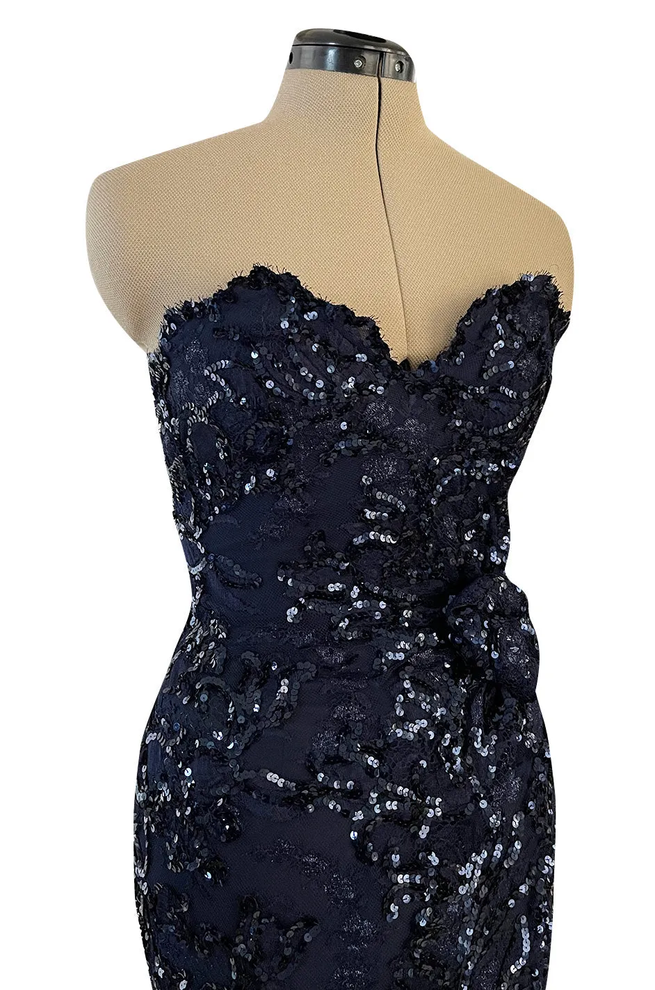Extraordinary Spring 1984 John Anthony Couture Strapless Blue Sequin Detailed Netted Lace Dress