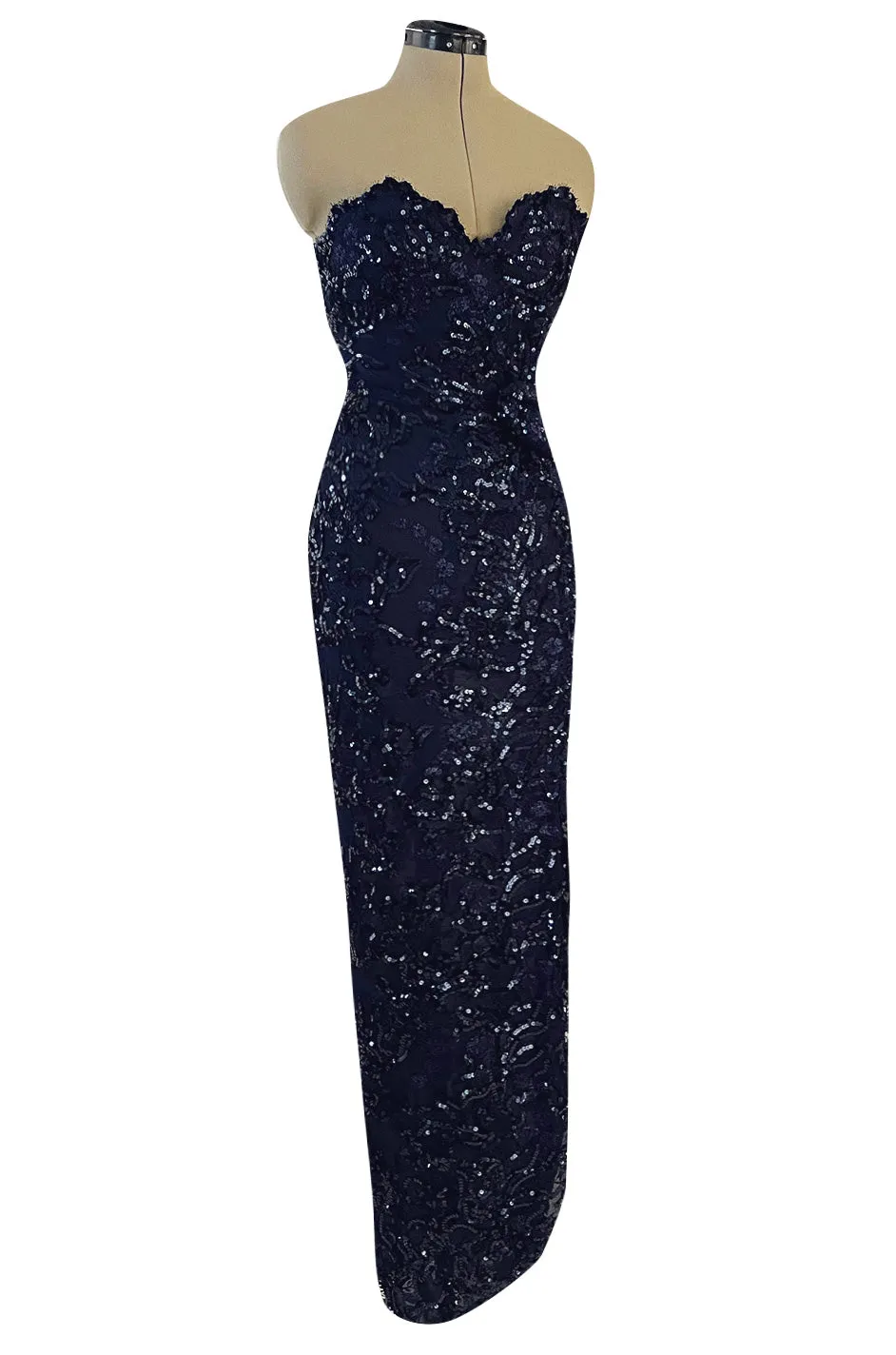 Extraordinary Spring 1984 John Anthony Couture Strapless Blue Sequin Detailed Netted Lace Dress