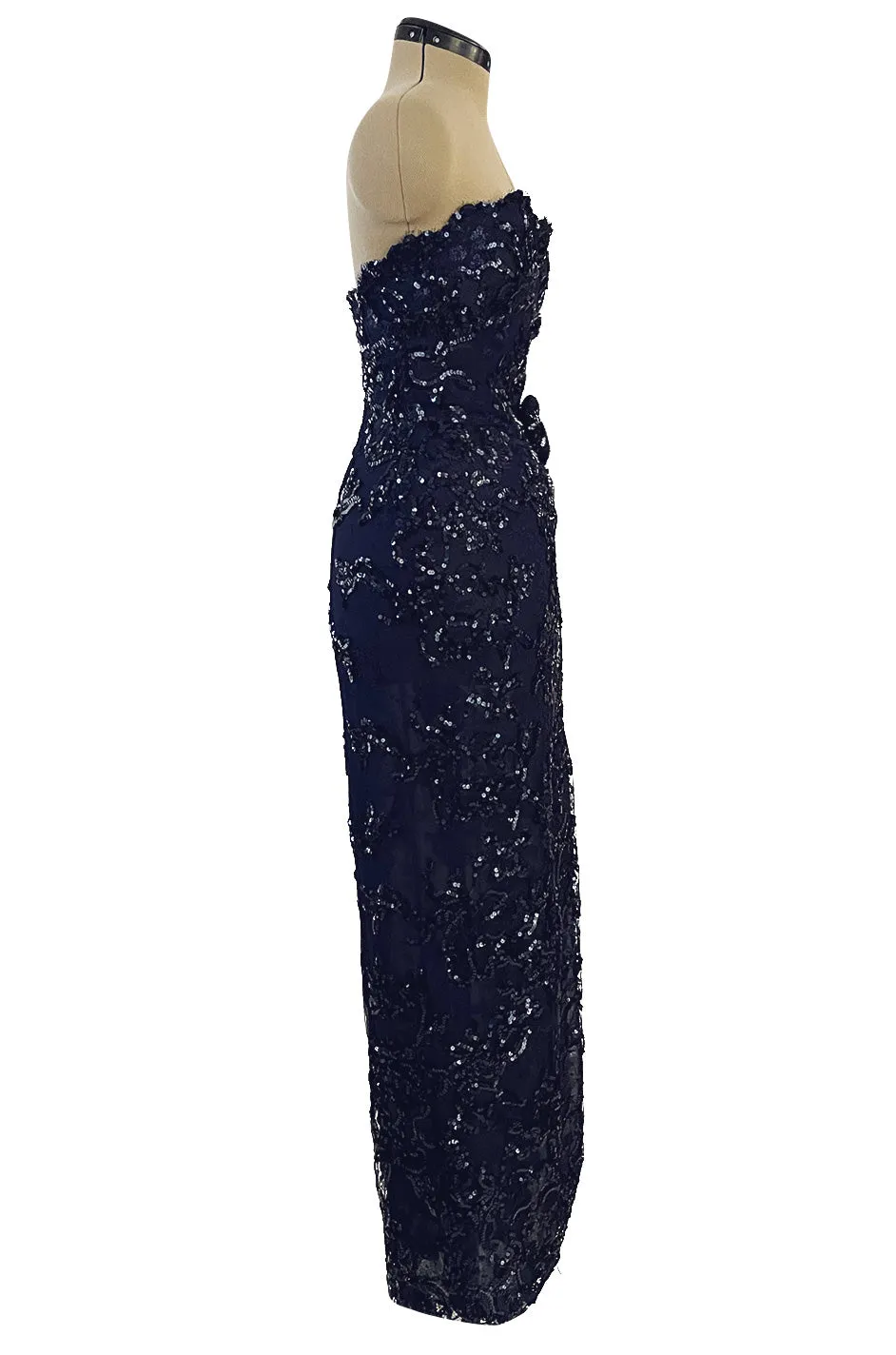 Extraordinary Spring 1984 John Anthony Couture Strapless Blue Sequin Detailed Netted Lace Dress