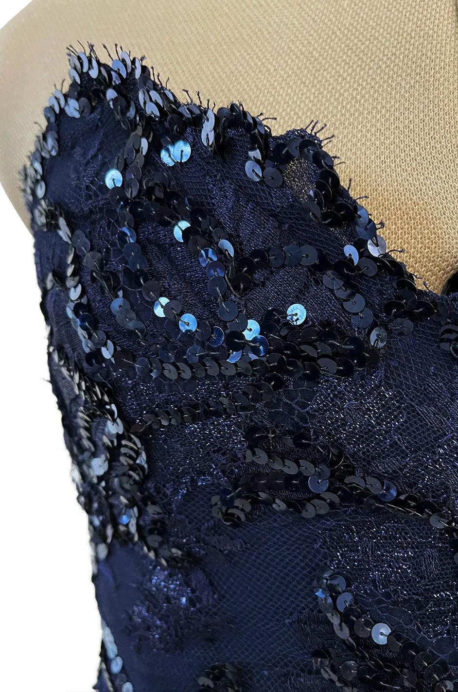 Extraordinary Spring 1984 John Anthony Couture Strapless Blue Sequin Detailed Netted Lace Dress