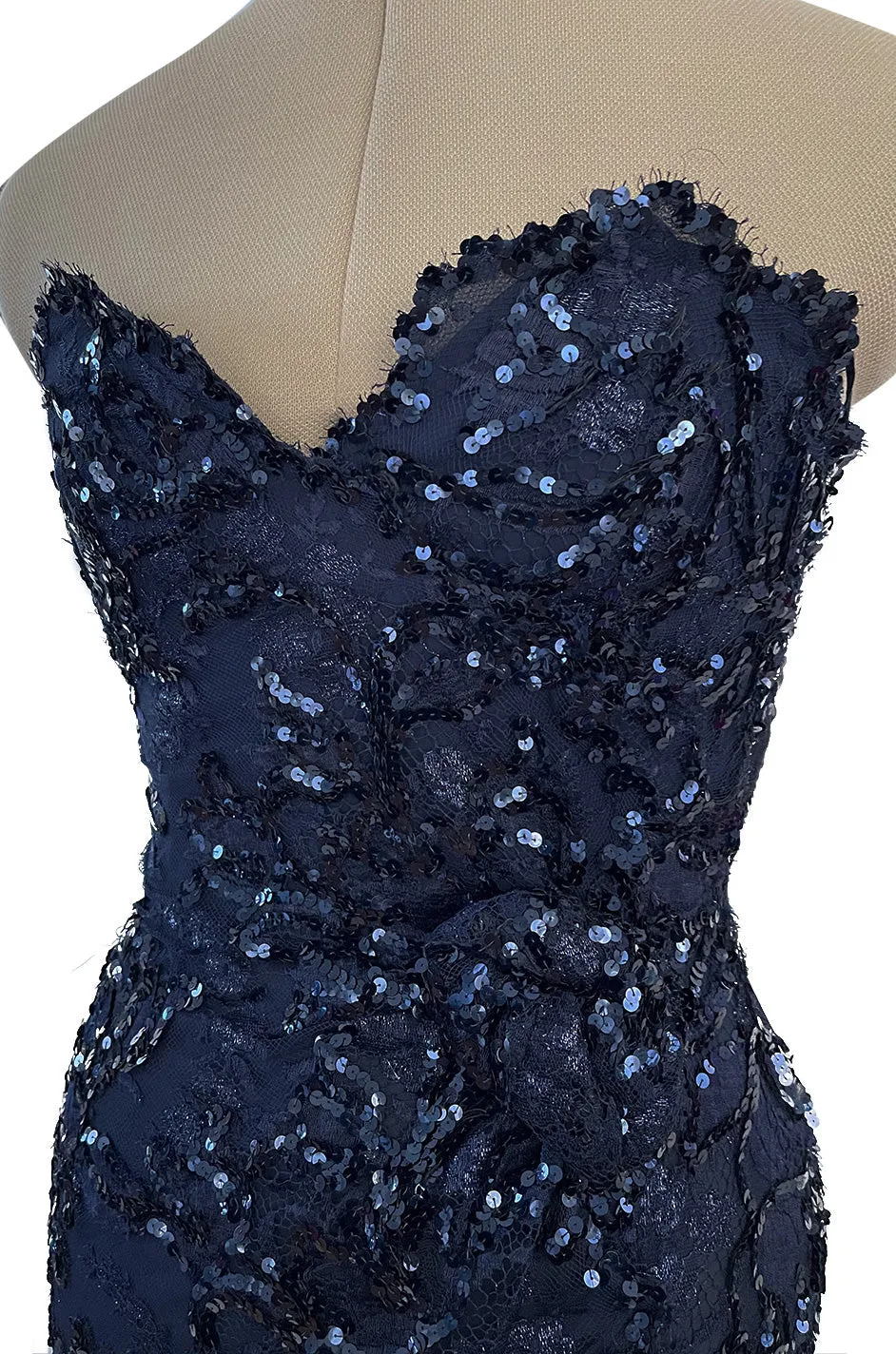 Extraordinary Spring 1984 John Anthony Couture Strapless Blue Sequin Detailed Netted Lace Dress