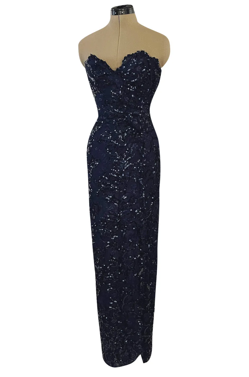 Extraordinary Spring 1984 John Anthony Couture Strapless Blue Sequin Detailed Netted Lace Dress