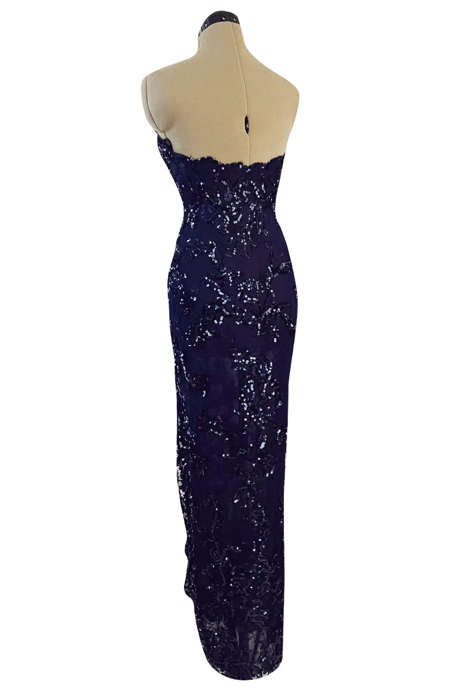 Extraordinary Spring 1984 John Anthony Couture Strapless Blue Sequin Detailed Netted Lace Dress
