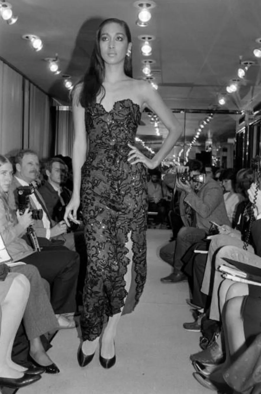 Extraordinary Spring 1984 John Anthony Couture Strapless Blue Sequin Detailed Netted Lace Dress