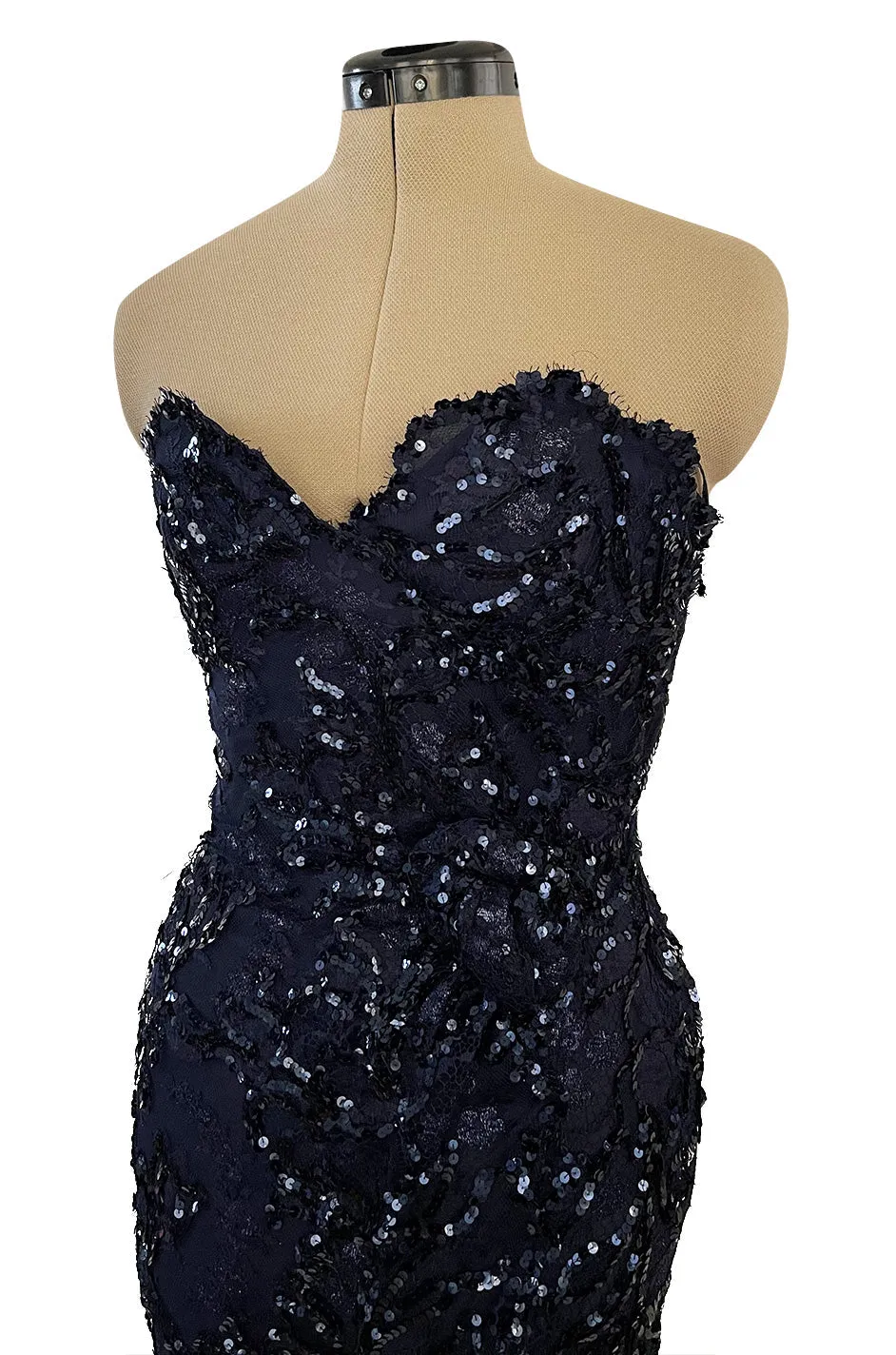 Extraordinary Spring 1984 John Anthony Couture Strapless Blue Sequin Detailed Netted Lace Dress
