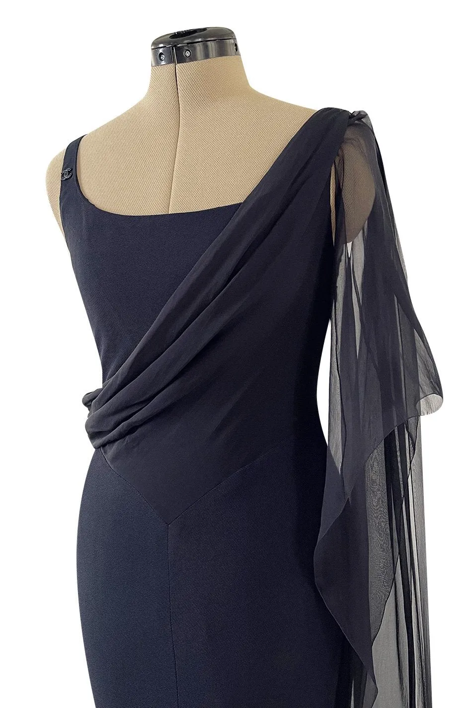 Fabulous 2002 Chanel Cruise Collection Stretch Jersey & Draped Silk Chiffon Midnight Blue Dress