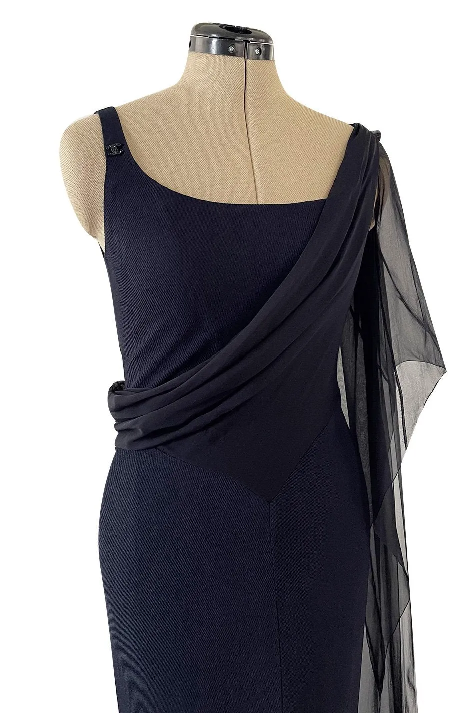Fabulous 2002 Chanel Cruise Collection Stretch Jersey & Draped Silk Chiffon Midnight Blue Dress