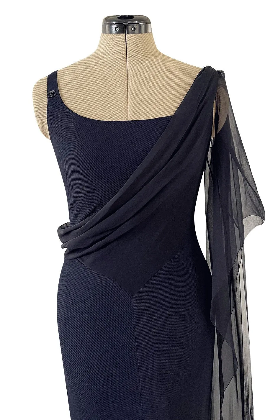 Fabulous 2002 Chanel Cruise Collection Stretch Jersey & Draped Silk Chiffon Midnight Blue Dress
