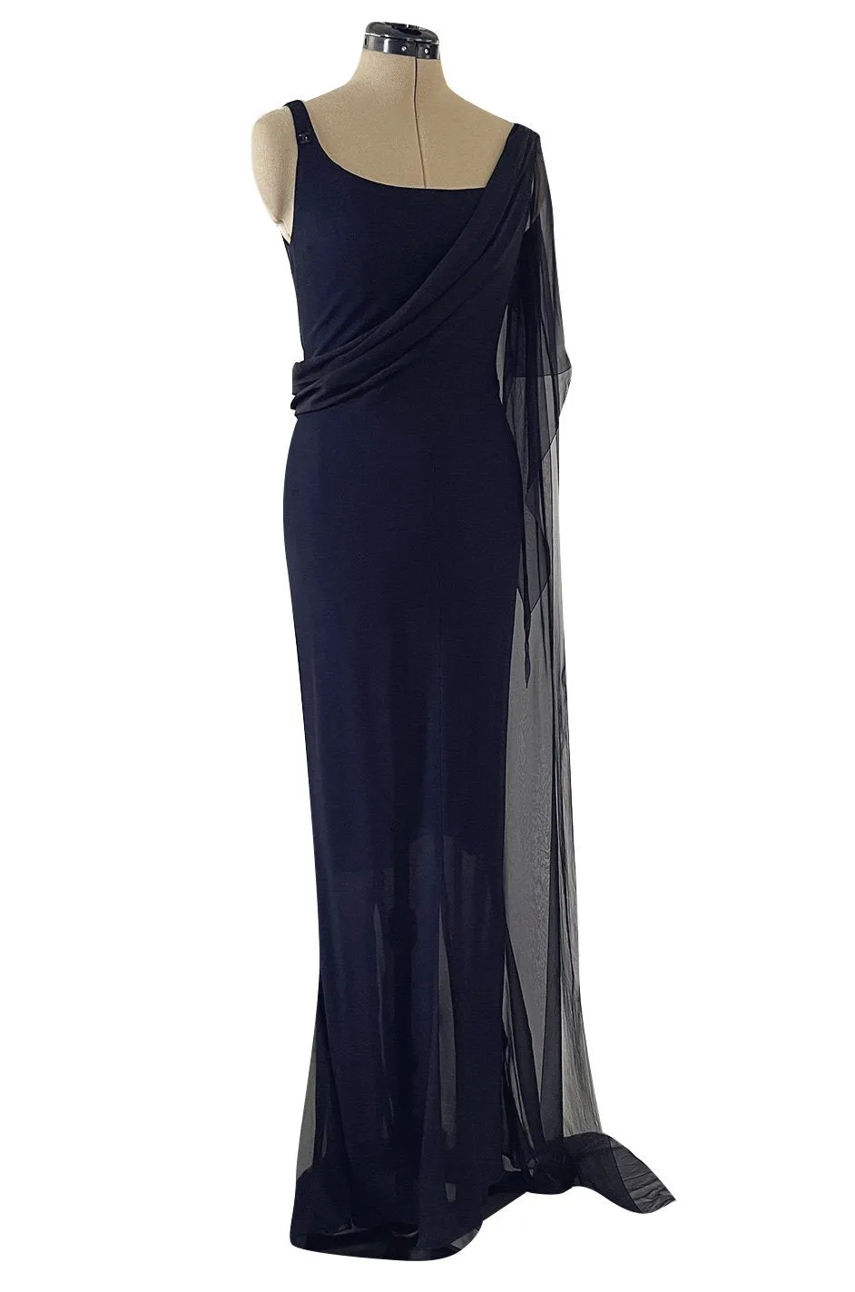 Fabulous 2002 Chanel Cruise Collection Stretch Jersey & Draped Silk Chiffon Midnight Blue Dress
