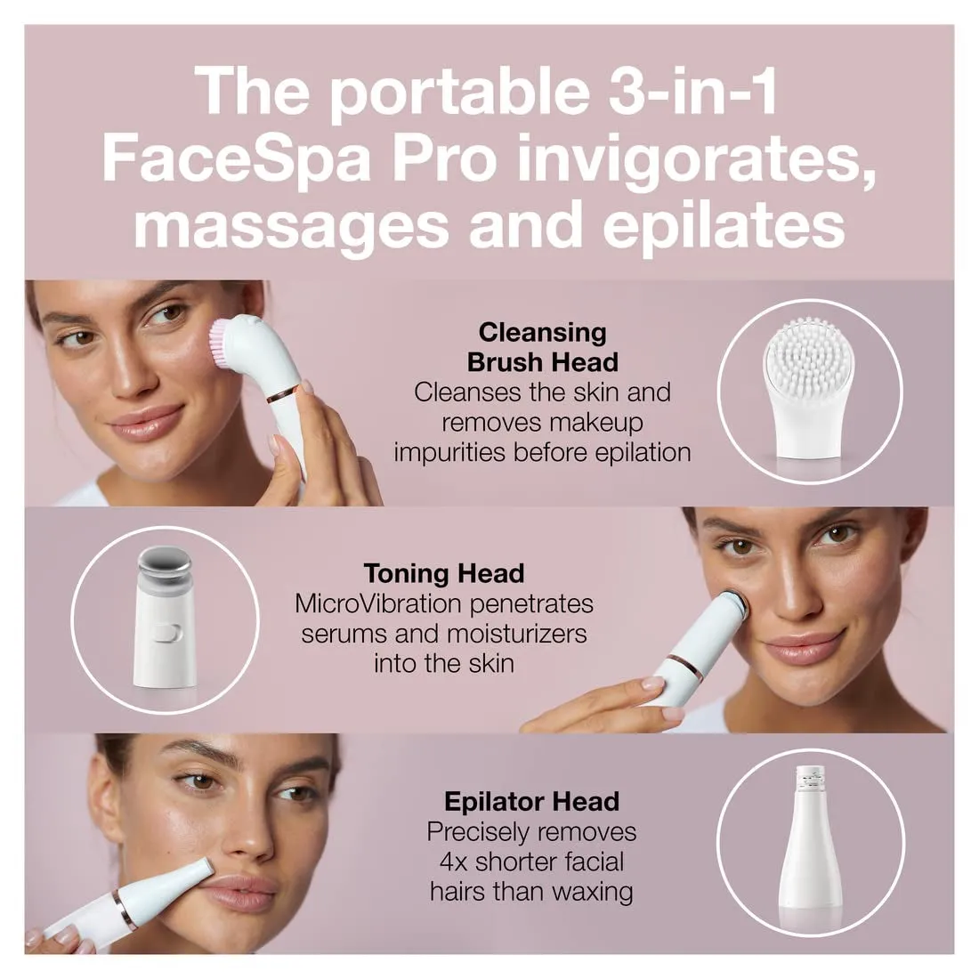 Face Epilator Facespa Pro 911, Facial Hair Removal for Women, Hair Removal Device, 3-In-1 Epilating, Cleansing Brush and Skin Toning with 3 Extras