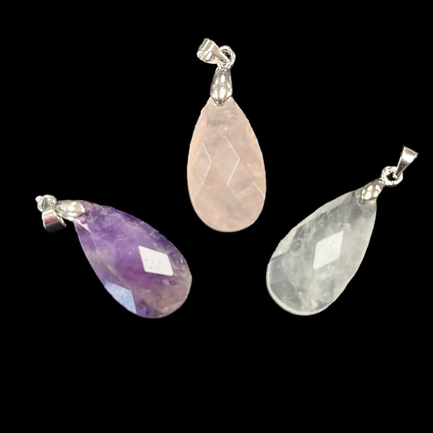 Faceted Teardrop Pendant - Amethyst, Clear Quartz, or Rose Quartz