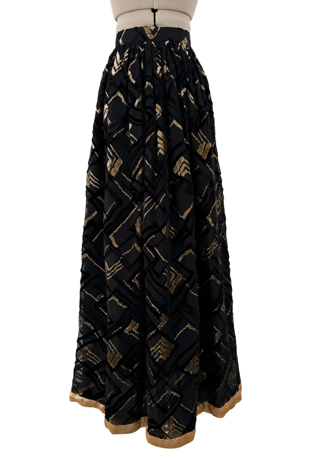 Fantastic 1970s Adolfo Black SIlk Chiffon Velvet & Gold Eyelash Detailed Skirt