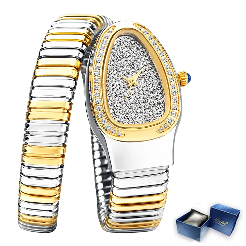 Fashion Brands MISSFOX Luxury Gold Snake Women Watch Full Steel Quartz Wristwatches Hip Hop Diamond Jewelry Bracelet Lady Clocks