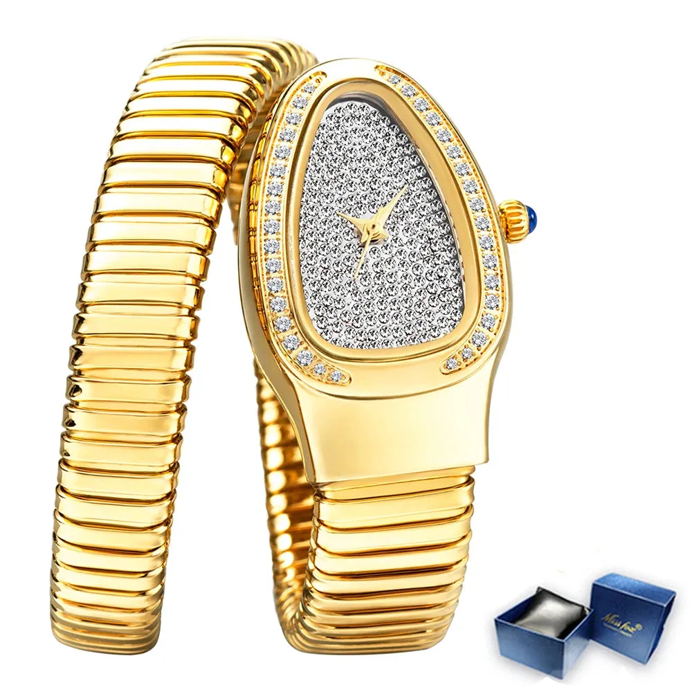 Fashion Brands MISSFOX Luxury Gold Snake Women Watch Full Steel Quartz Wristwatches Hip Hop Diamond Jewelry Bracelet Lady Clocks