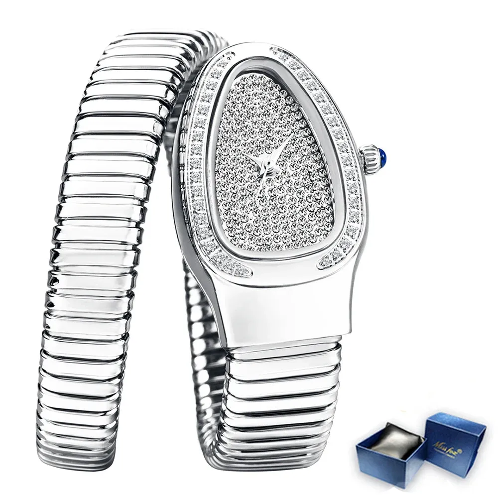 Fashion Brands MISSFOX Luxury Gold Snake Women Watch Full Steel Quartz Wristwatches Hip Hop Diamond Jewelry Bracelet Lady Clocks