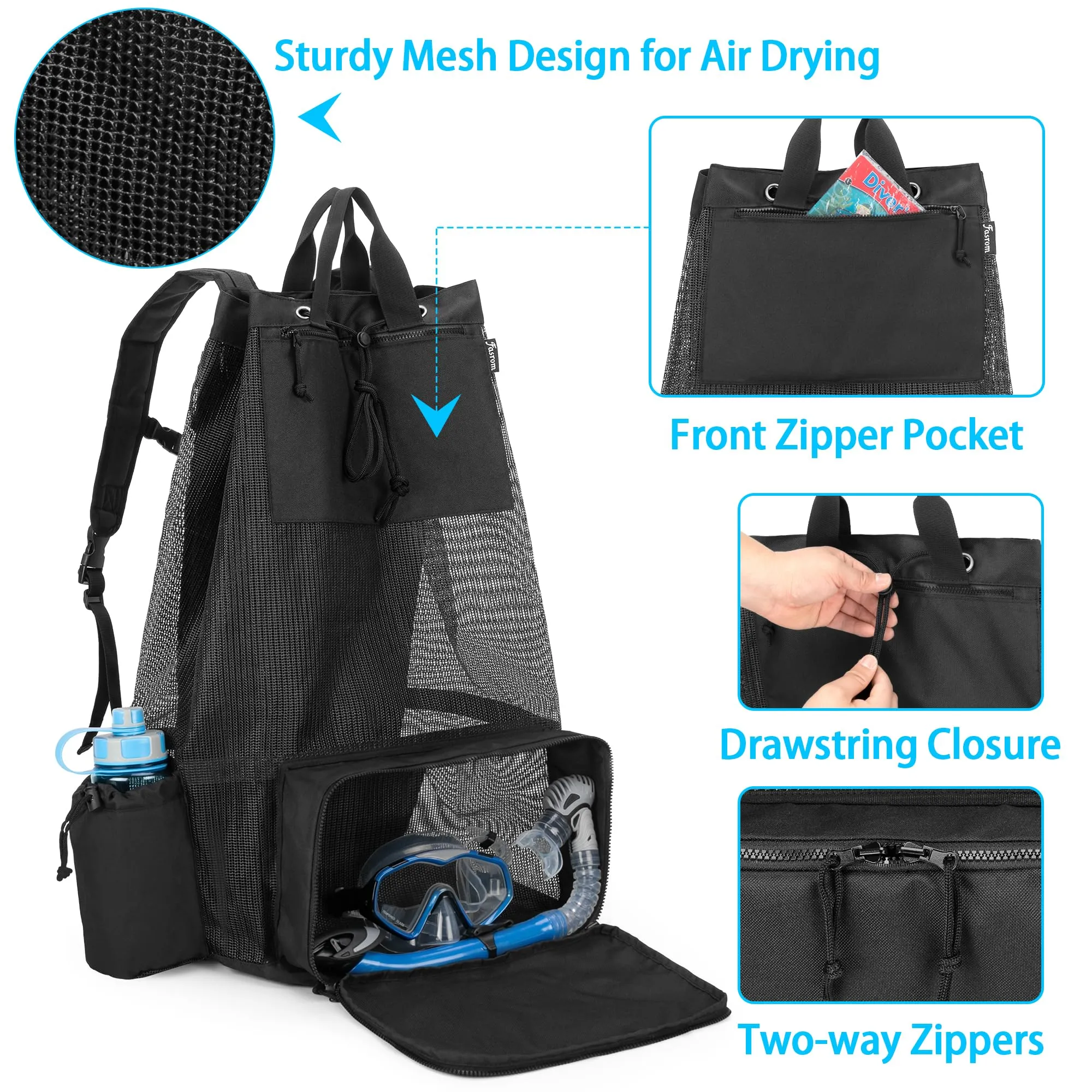Fasrom XL Scuba Gear Bag, Mesh Dive Backpack for Snorkel Gear, Black (Empty Bag Only, Patent Design)