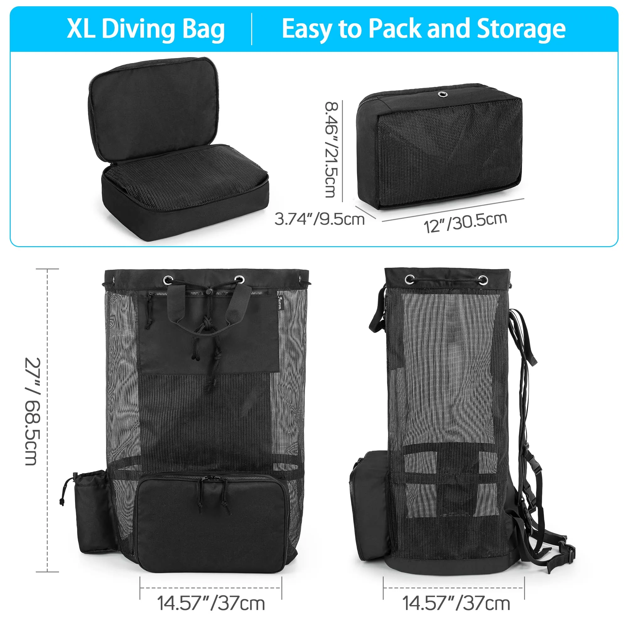 Fasrom XL Scuba Gear Bag, Mesh Dive Backpack for Snorkel Gear, Black (Empty Bag Only, Patent Design)