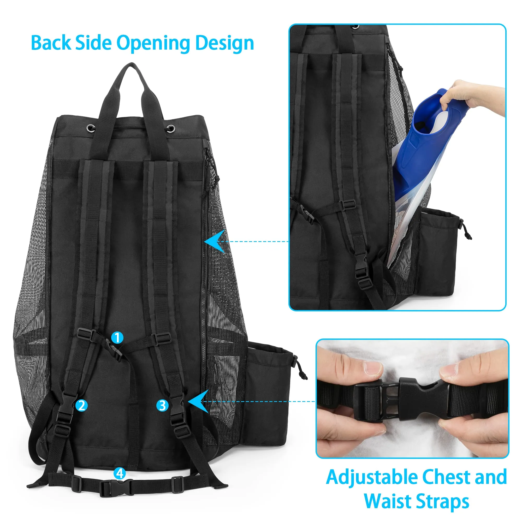 Fasrom XL Scuba Gear Bag, Mesh Dive Backpack for Snorkel Gear, Black (Empty Bag Only, Patent Design)