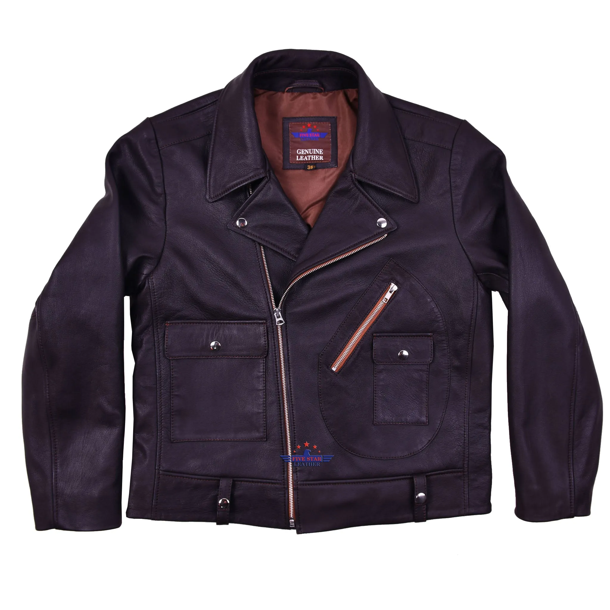 FiveStar Leather Vintage Beck Biker Jacket Goatskin Leather Dark Brown