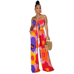 Floral Tube Top & High Waist Pants Set - Pocket Detailed - Polyester
