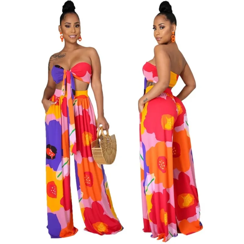 Floral Tube Top & High Waist Pants Set - Pocket Detailed - Polyester