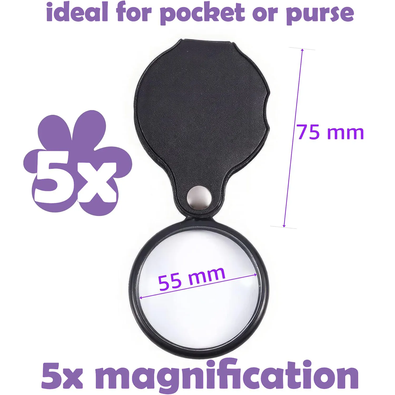 FoldOut Pocket Magnifier with Leather Case - 5x Magnification 50mm Diameter