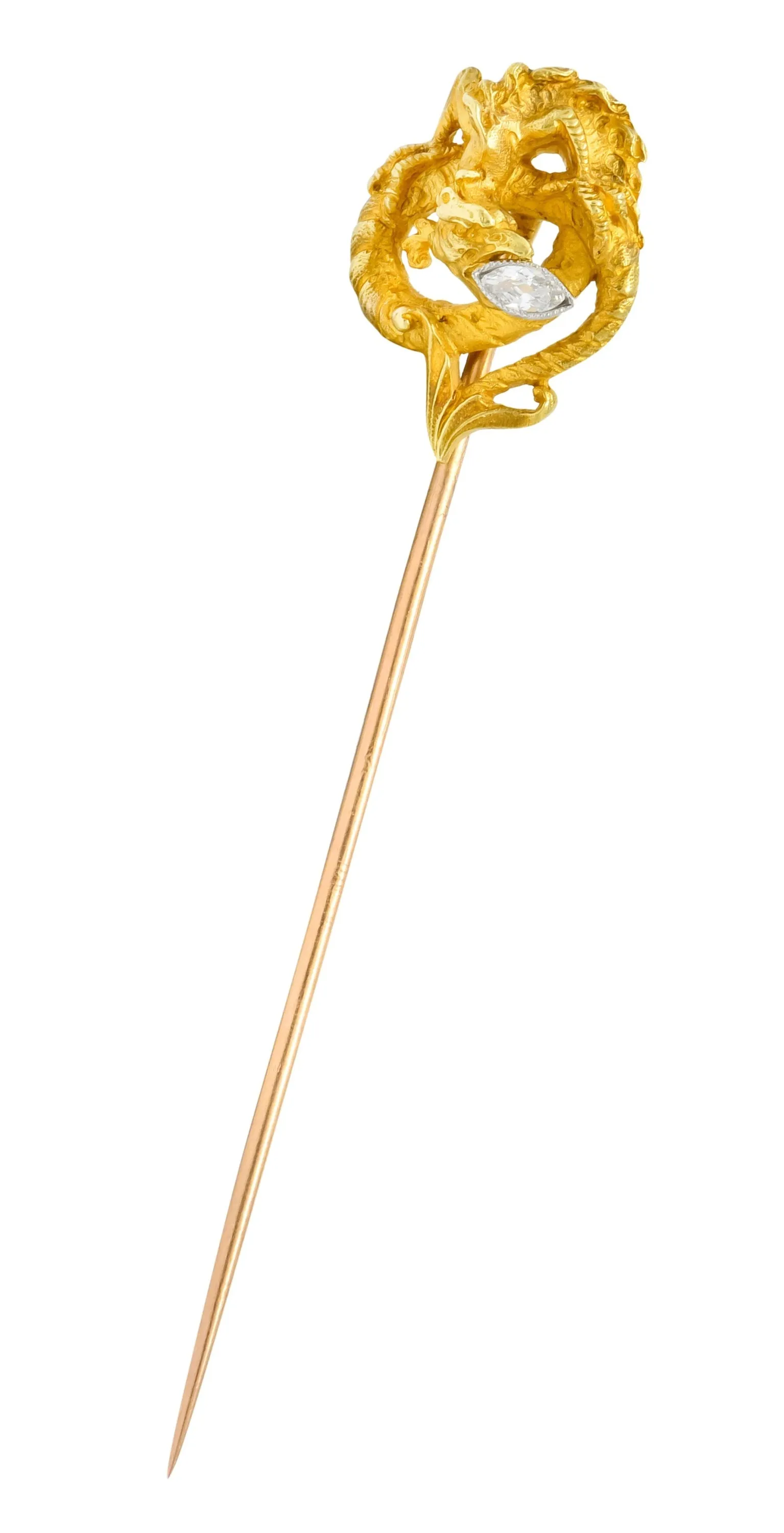 French Art Nouveau Marquis Diamond 18 Karat Gold Serpentine Dragon Stickin
