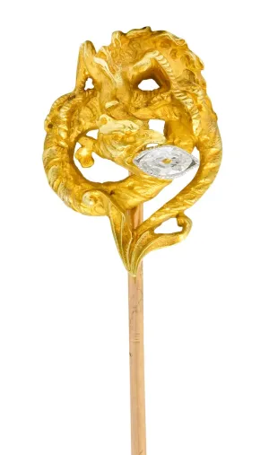 French Art Nouveau Marquis Diamond 18 Karat Gold Serpentine Dragon Stickin