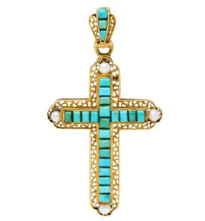 French Victorian Turquoise Pearl 18 Karat Gold Cross Pendant