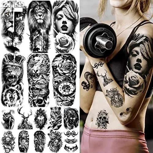 Full Arm Temporary Tattoo Sexy Extra Large Long Lasting Waterproof 3d Fake Tattoo Sleeve for Arms Legs Shoulders 12 Sheets Fashion Body Art Also Easy to DIY Crafts