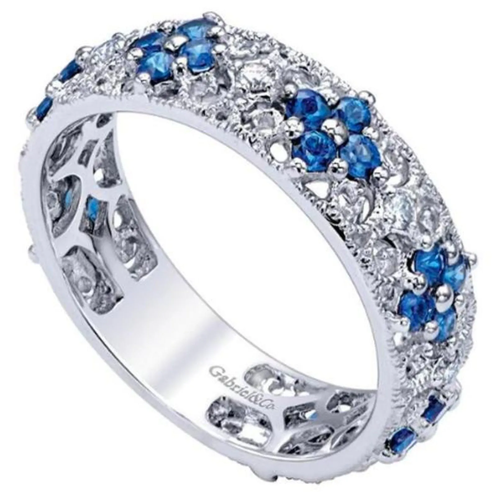 Gabriel & Co. Blue Sapphire and Diamond Floral Themed Ring