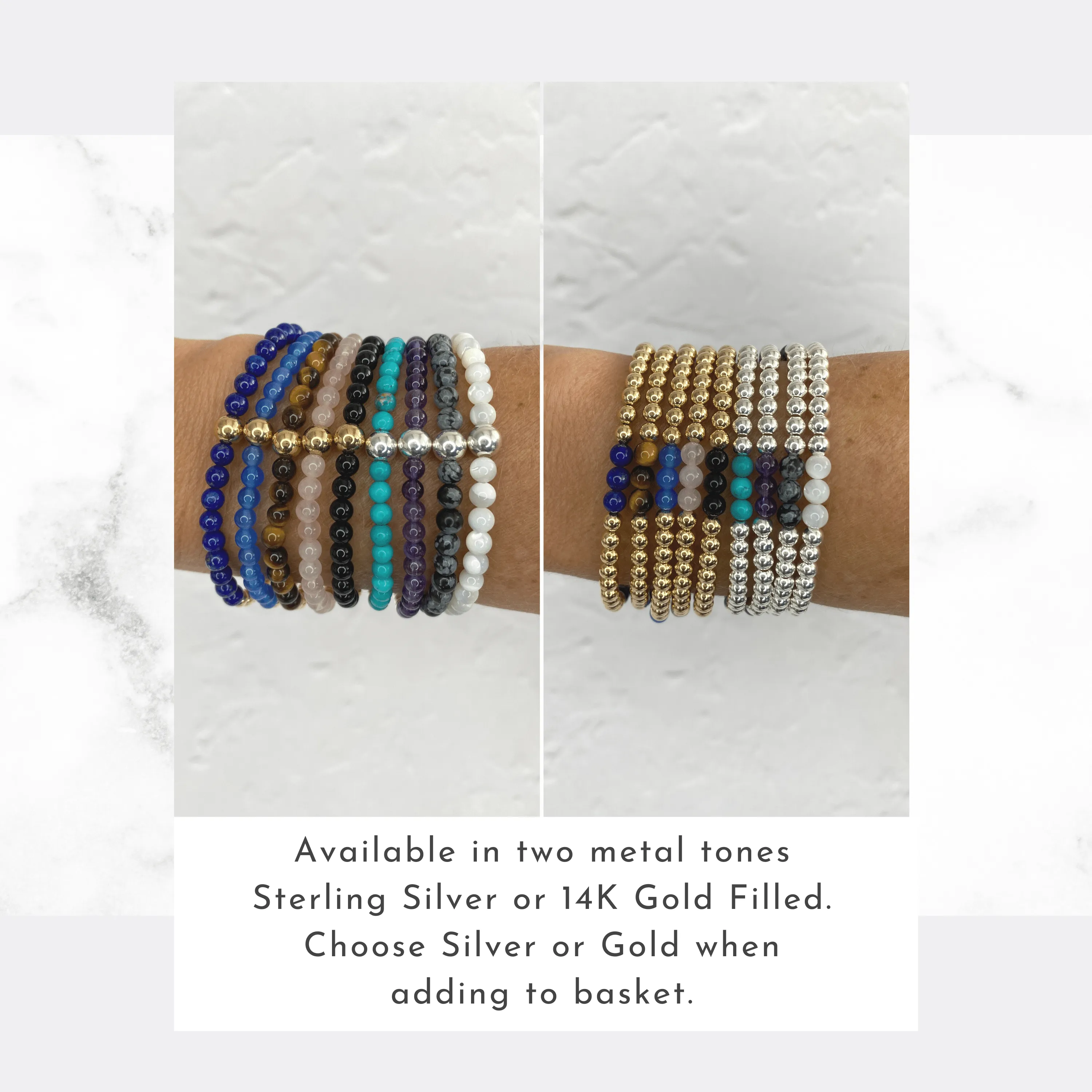 Gemstone Bracelets with Silver or Gold Beads