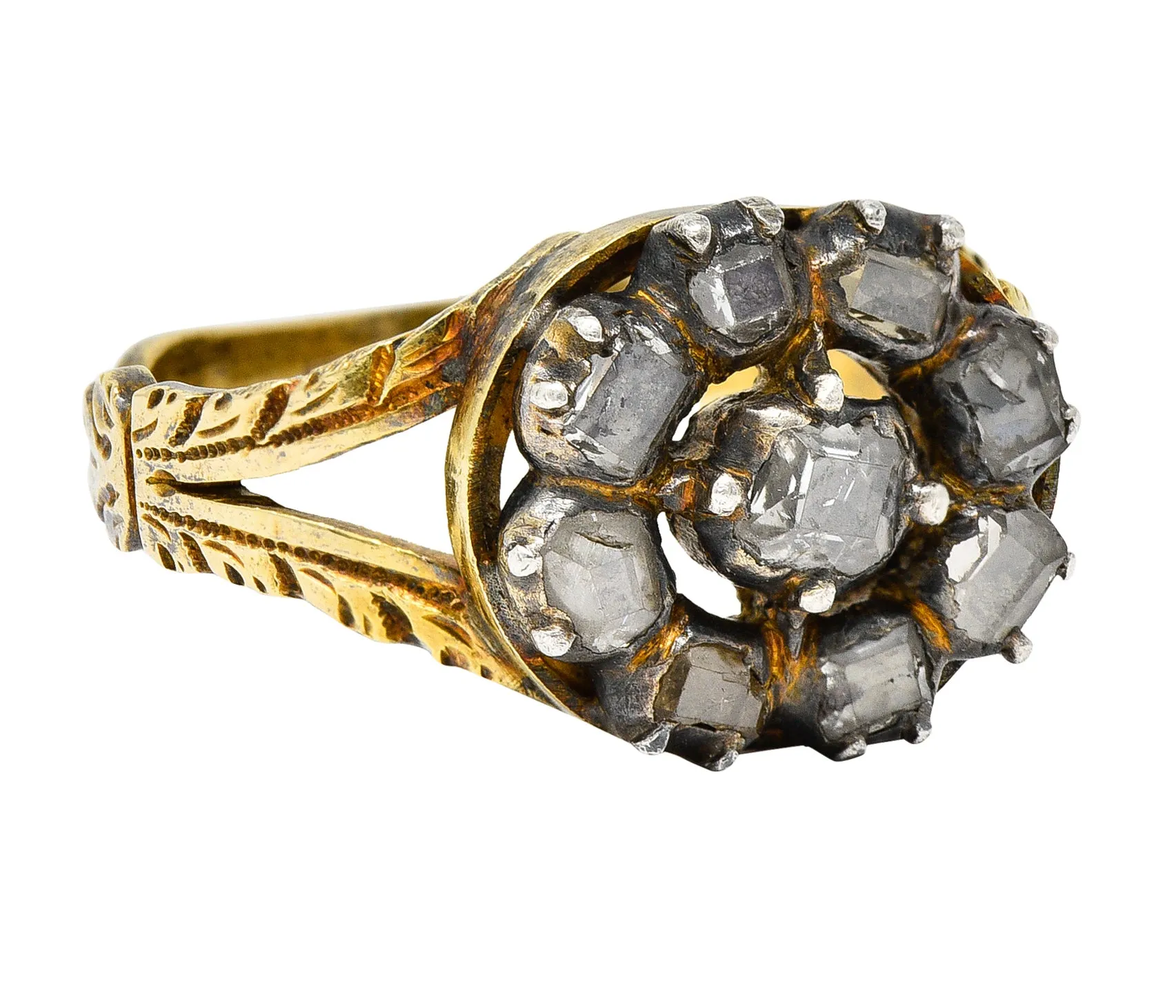 Georgian Table Cut Diamond Silver-Topped 14 Karat Gold Cluster Ring