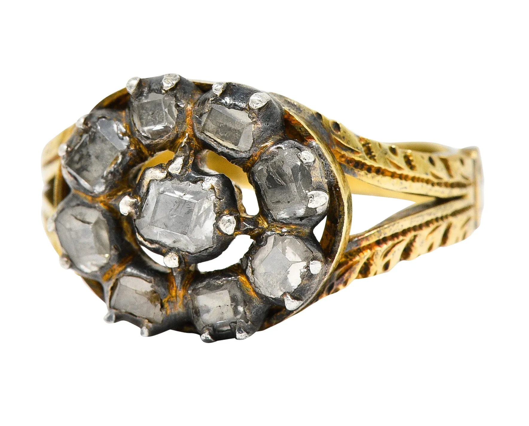 Georgian Table Cut Diamond Silver-Topped 14 Karat Gold Cluster Ring