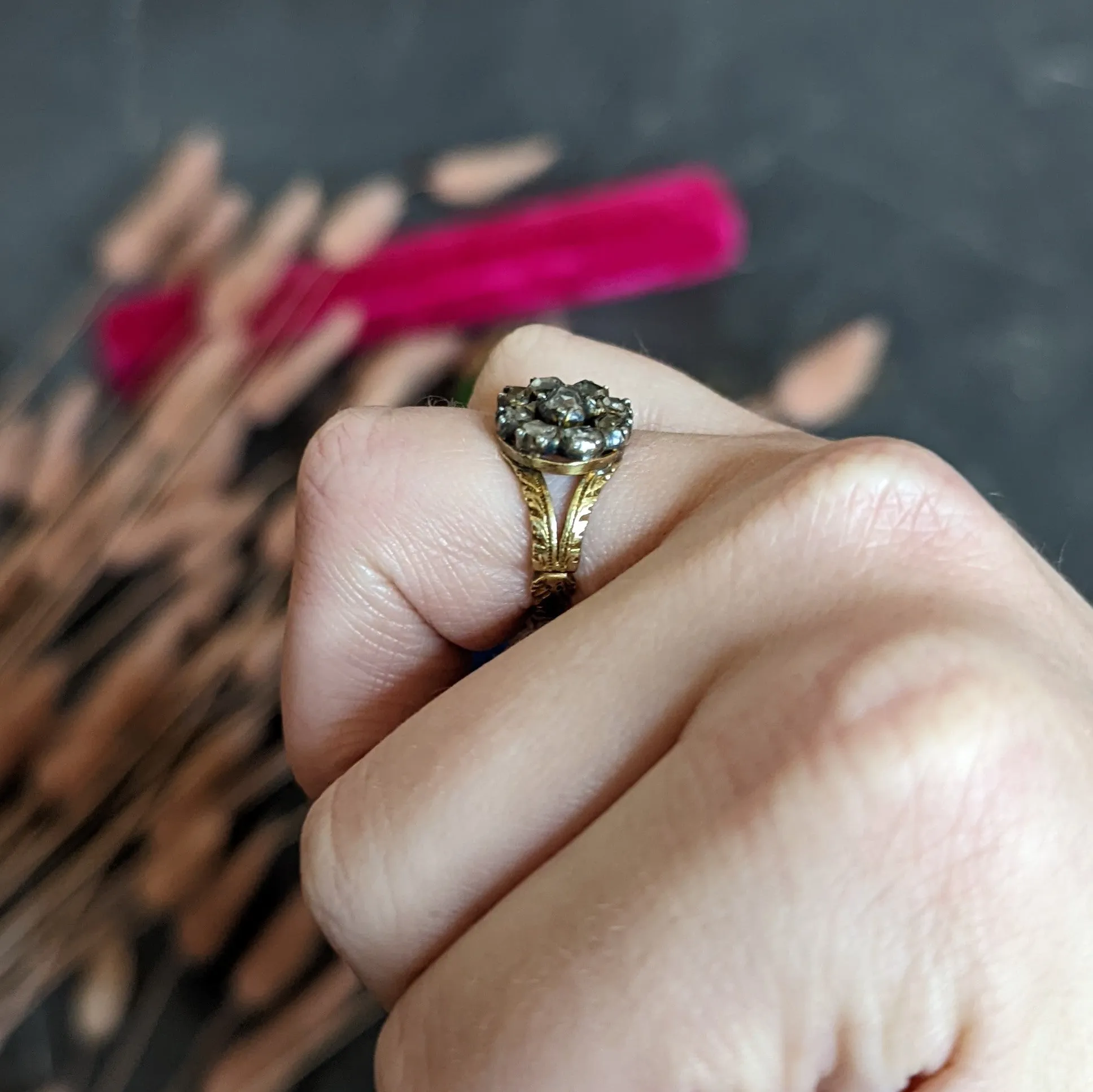 Georgian Table Cut Diamond Silver-Topped 14 Karat Gold Cluster Ring