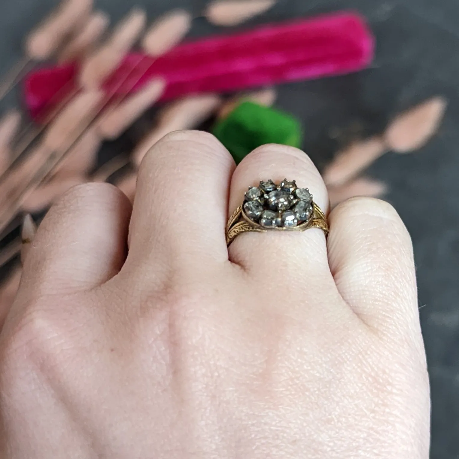 Georgian Table Cut Diamond Silver-Topped 14 Karat Gold Cluster Ring