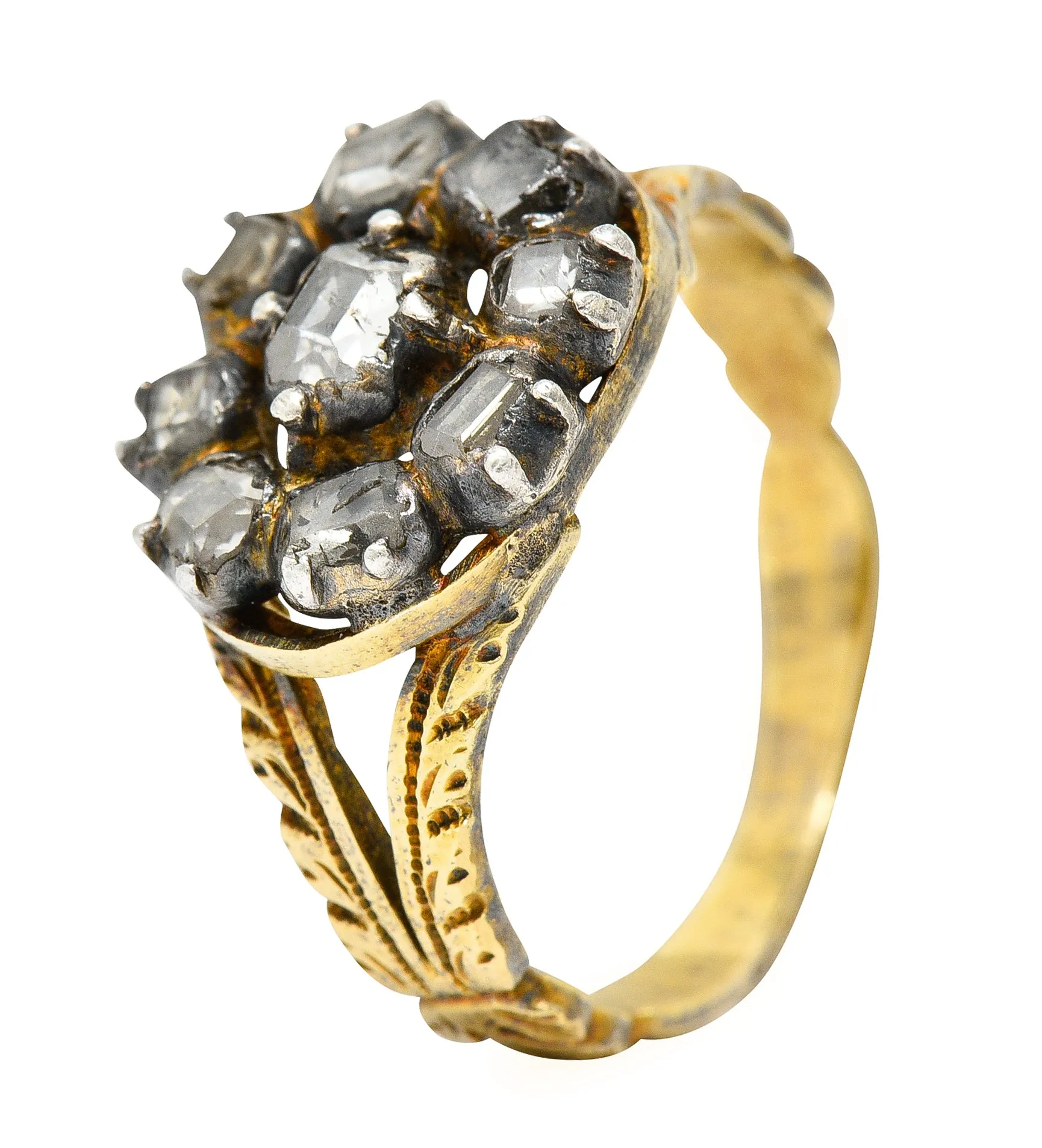 Georgian Table Cut Diamond Silver-Topped 14 Karat Gold Cluster Ring