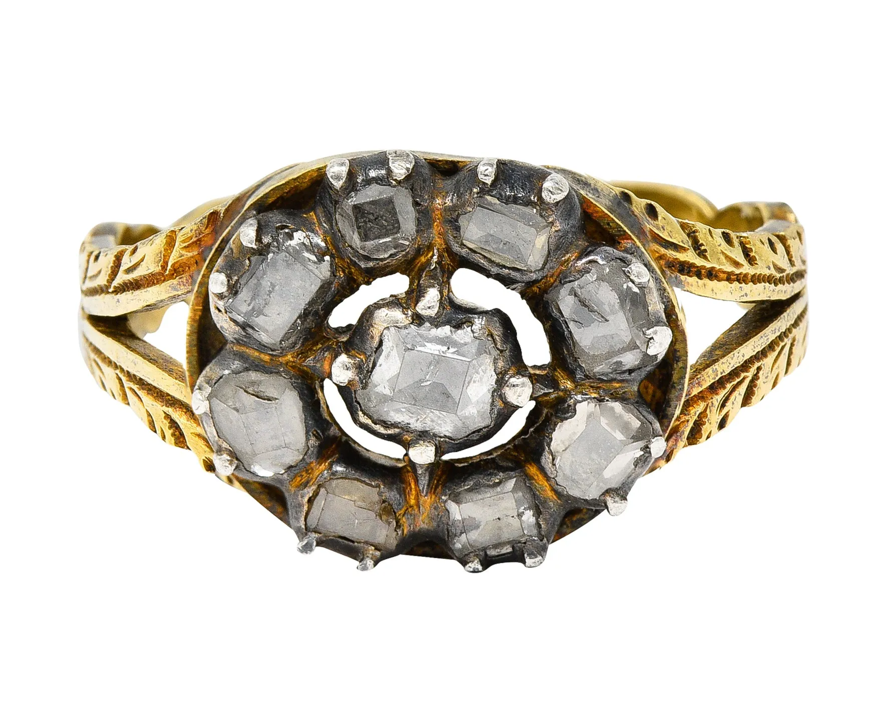 Georgian Table Cut Diamond Silver-Topped 14 Karat Gold Cluster Ring