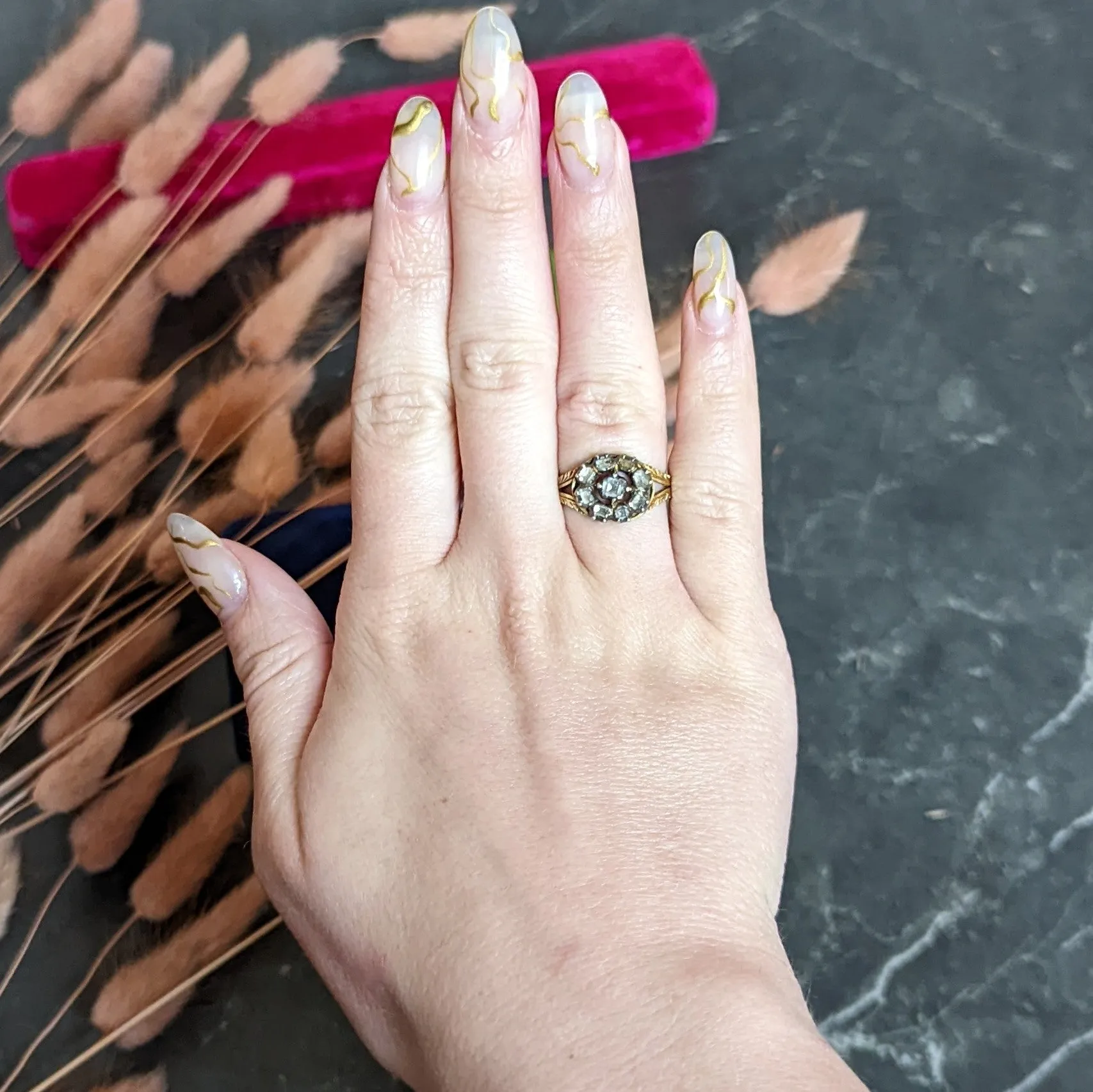 Georgian Table Cut Diamond Silver-Topped 14 Karat Gold Cluster Ring